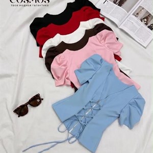 Женская блуза в стиле Zara с акцентными плечами и V-образной спинкой со шнуровкой — COSMOS