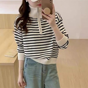 Толстая вязка Принт в полоску Прямой фасон Воротник