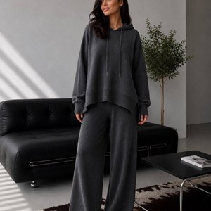 Новинка сезона: вязаная двойка oversize (удлинённое худи + брюки) — беж/чёрный/графит/шоколад